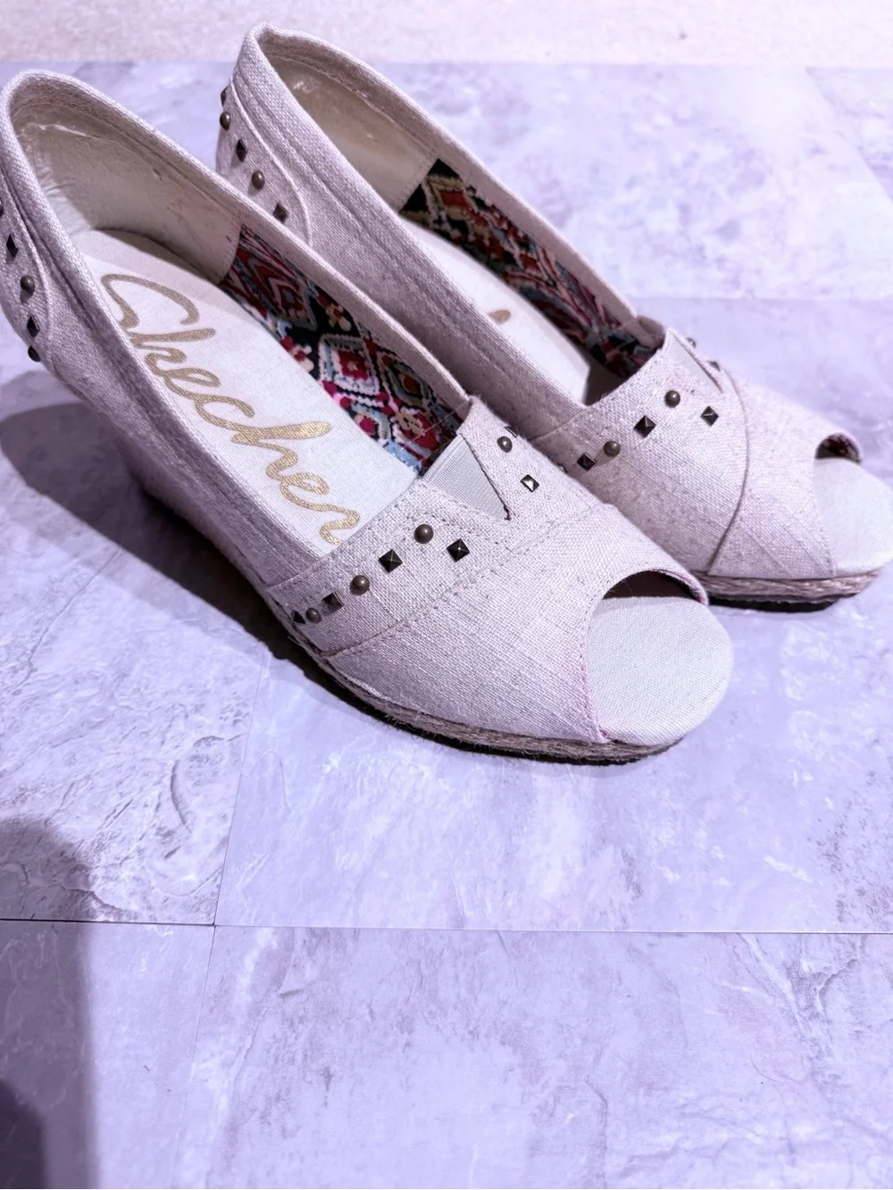 Skechers Cali Salty Natural Linen Peep Toe Studded Wedges Womens Size 9